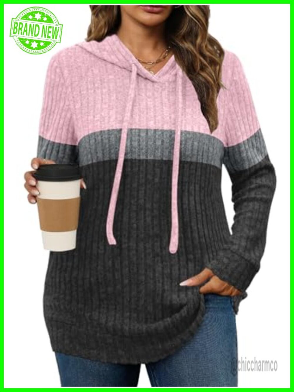 Plus Size Lightweight Ribbed Knit Hoodie Sweater Long Sleeve Pullover